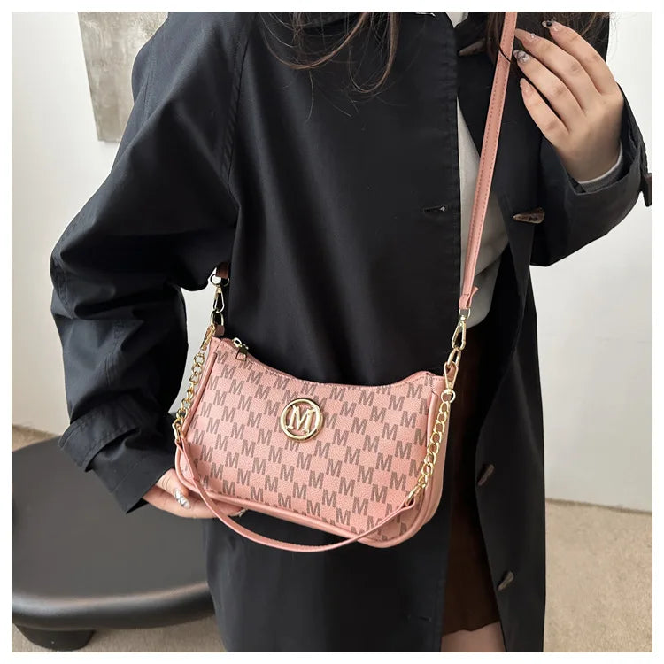 Bolso retro francés para axila, bolso de un hombro con estampado de letras y cadena cuadrada cruzada diagonal para mujer