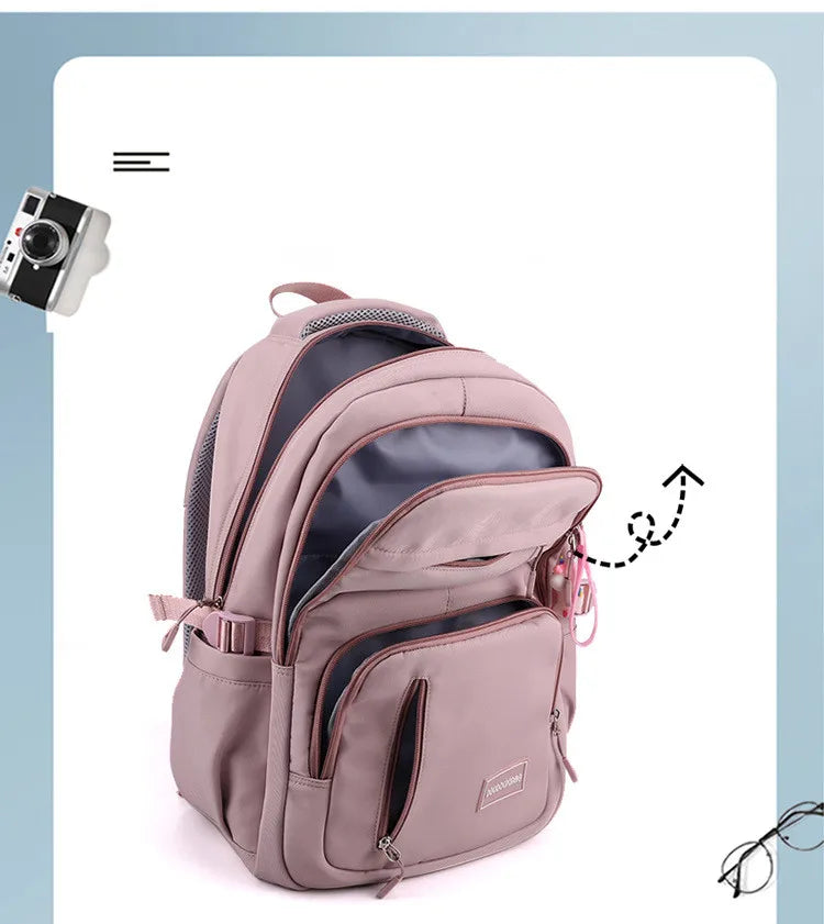 Mochila escolar de nailon con colgante para niñas, de viaje con múltiples bolsillos morral, impermeable, informal, estilo Simple