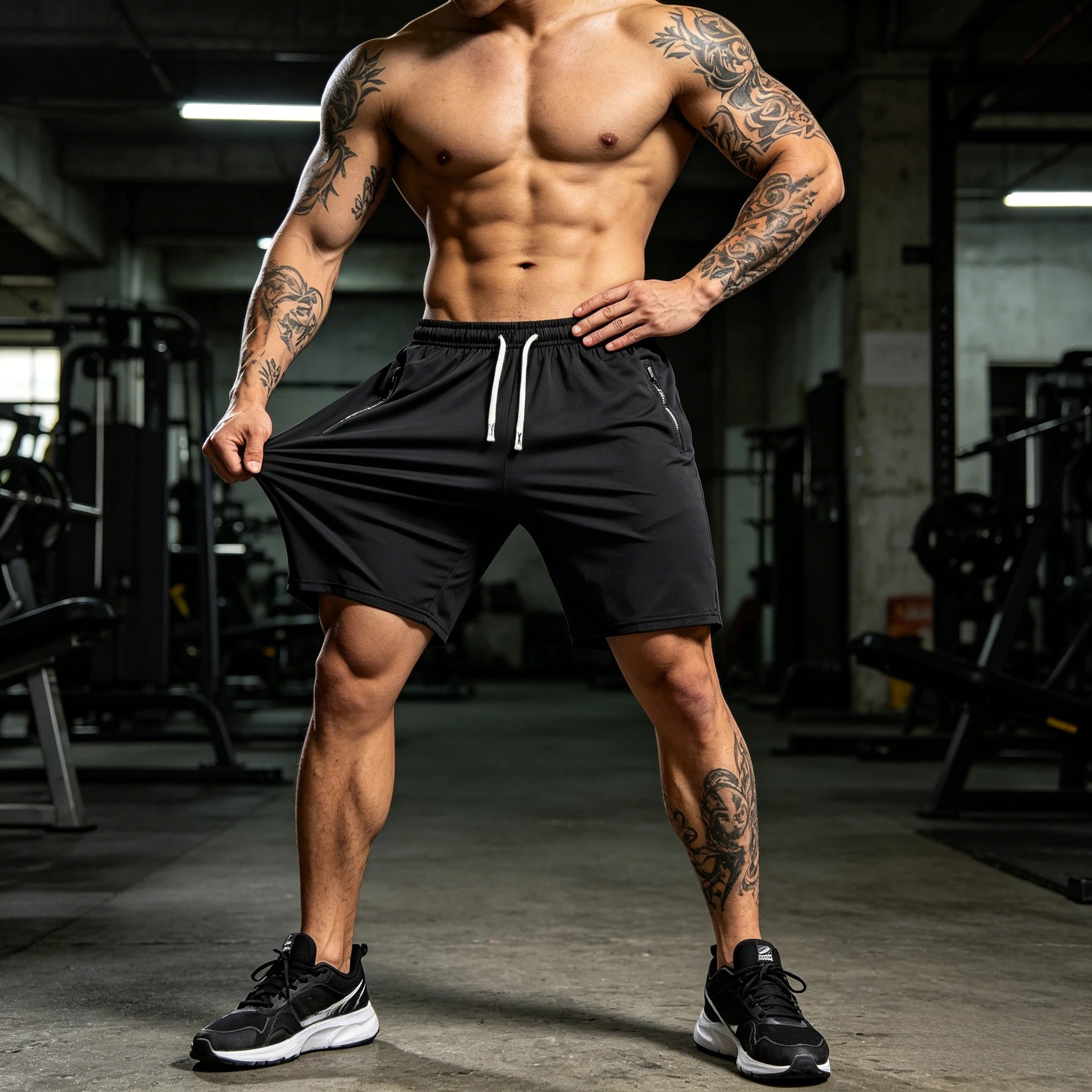 Pantalones cortos de verano para hombre, de color liso, deportivos y casuales, cintura elástica con cordón, bolsillos laterales con cremallera, corte holgado, tela de alta elasticidad