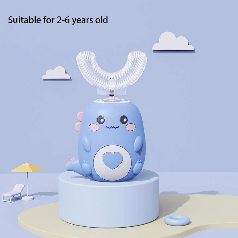Cepillo de dientes eléctrico en forma de U para niños, cepillo de dientes sónico recargable automático de 360 grados con dibujos animados inteligentes para niños