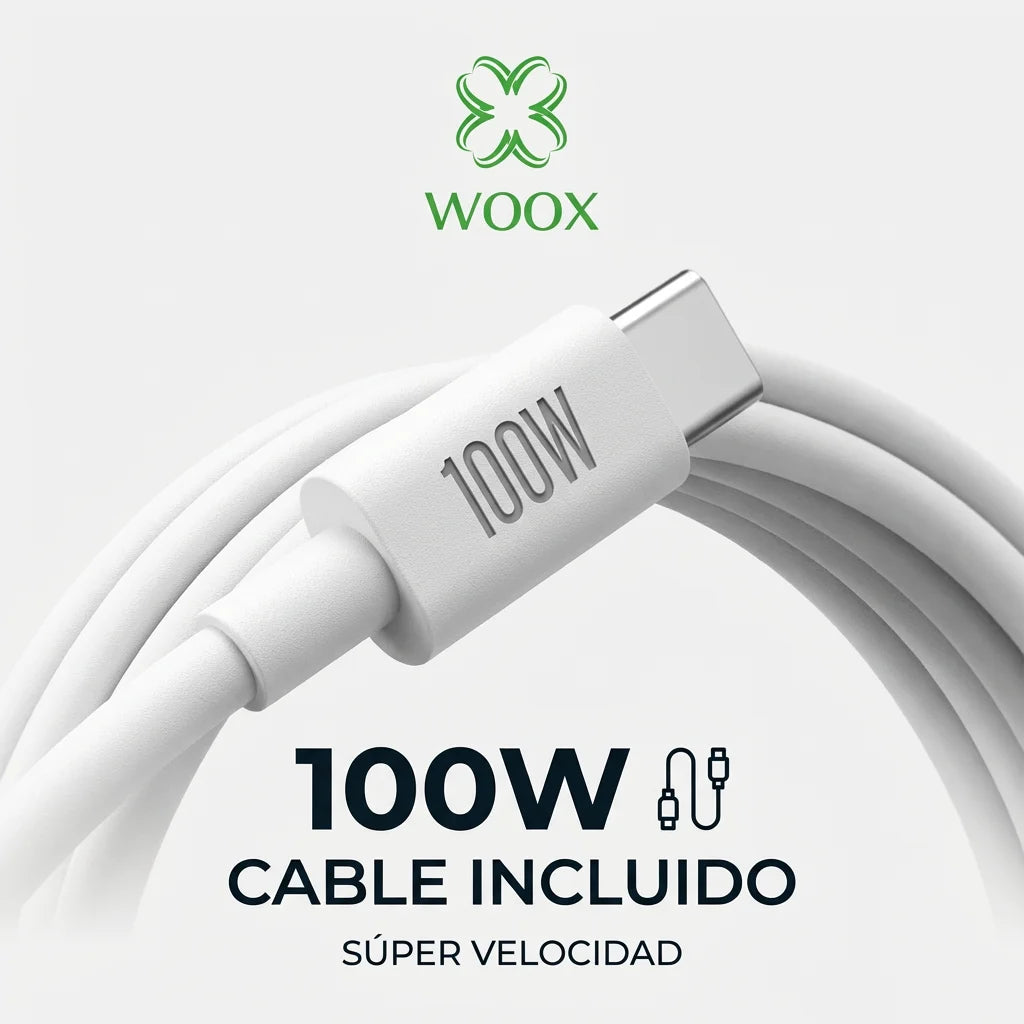 Cargador Rápido Woox 65W GaN con Cable de 100W, 2 Puertos Compactos (USB-C PD y USB-A) para iPhone 17, Teléfono Android, Ordenador Portátil