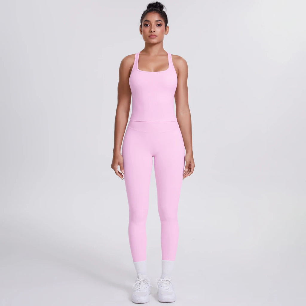 Hamidou - Conjunto de yoga de 2 piezas para mujer: leggings de fitness de secado rápido con efecto push-up y top deportivo con espalda en I de color liso.