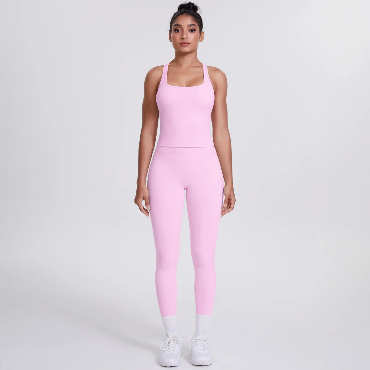 Hamidou - Conjunto de yoga de 2 piezas para mujer: leggings de fitness de secado rápido con efecto push-up y top deportivo con espalda en I de color liso.