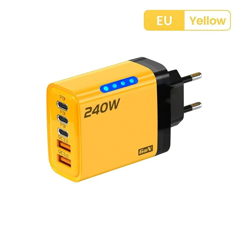 Cargador USB C GaN 5 en 1 de 240W, adaptador de carga rápida para teléfono, PD QC3.0, enchufe europeo/estadounidense/británico, cargador de pared para iPhone, Samsung, Xiaomi