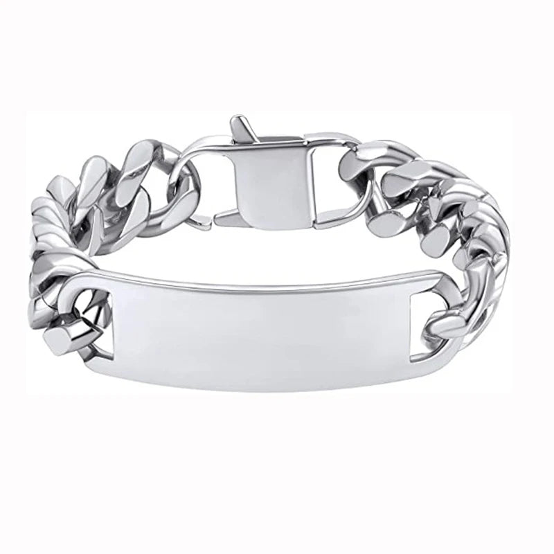 Pulseras Punk de acero inoxidable con texto grabado y logotipo personalizado para hombre, cadena cubana para mujer, pulsera de identificación, triangulación de envíos