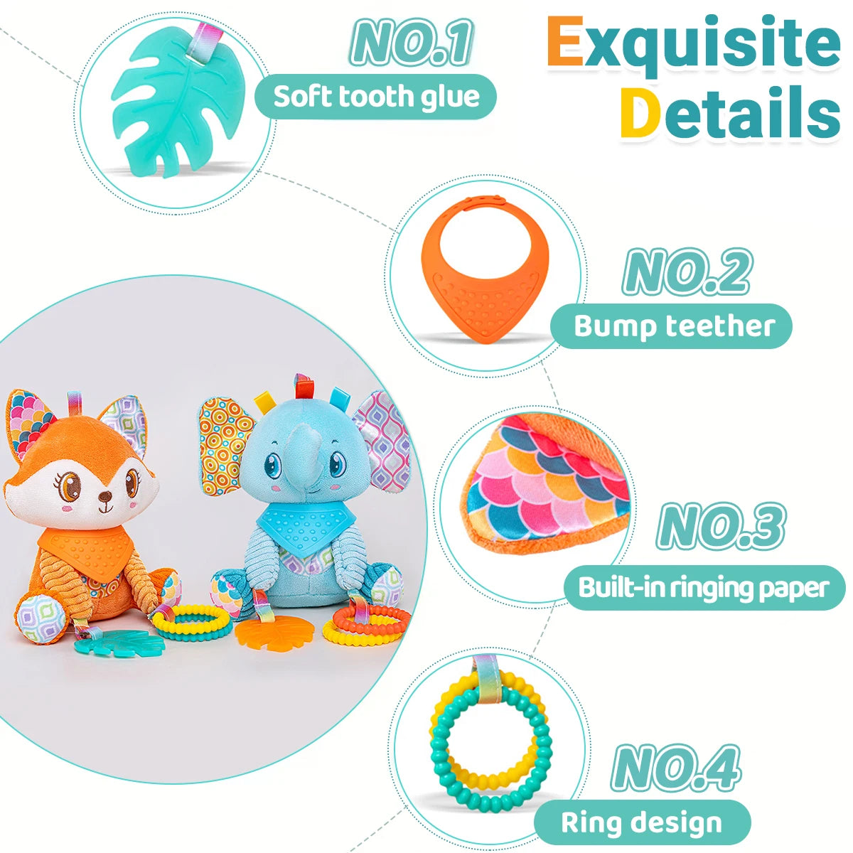 Cochecito de juguete de aprendizaje sensorial arrugado, colgante suave, asiento de coche, cuna, viaje, Animal de peluche, carillón de viento con mordedor para niños y niñas