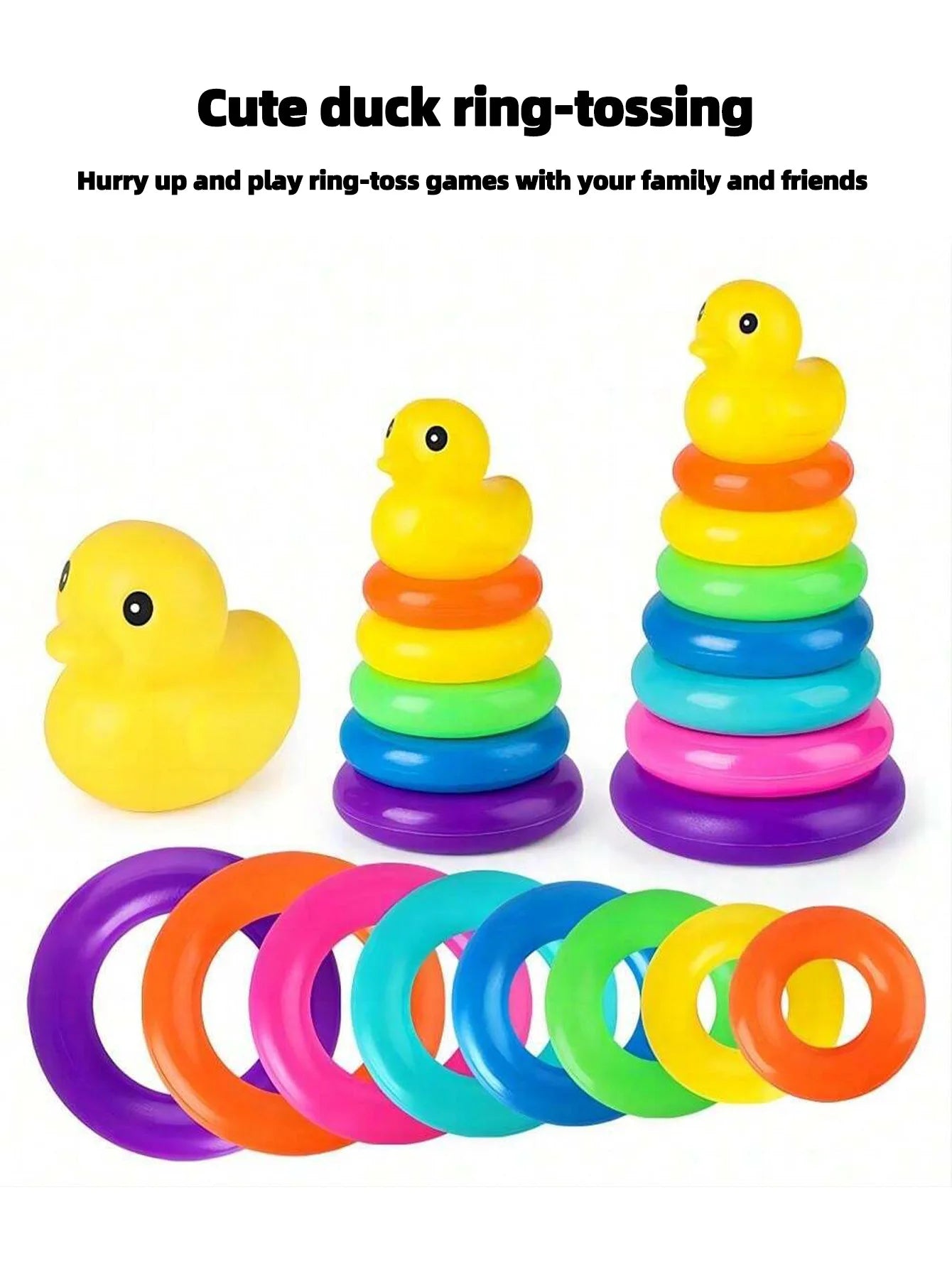 Pato amarillo Torre arcoíris círculo apilado juguete plástico arco iris círculo juguete círculo lanzamiento juguete juego interactivo regalos de cumpleaños