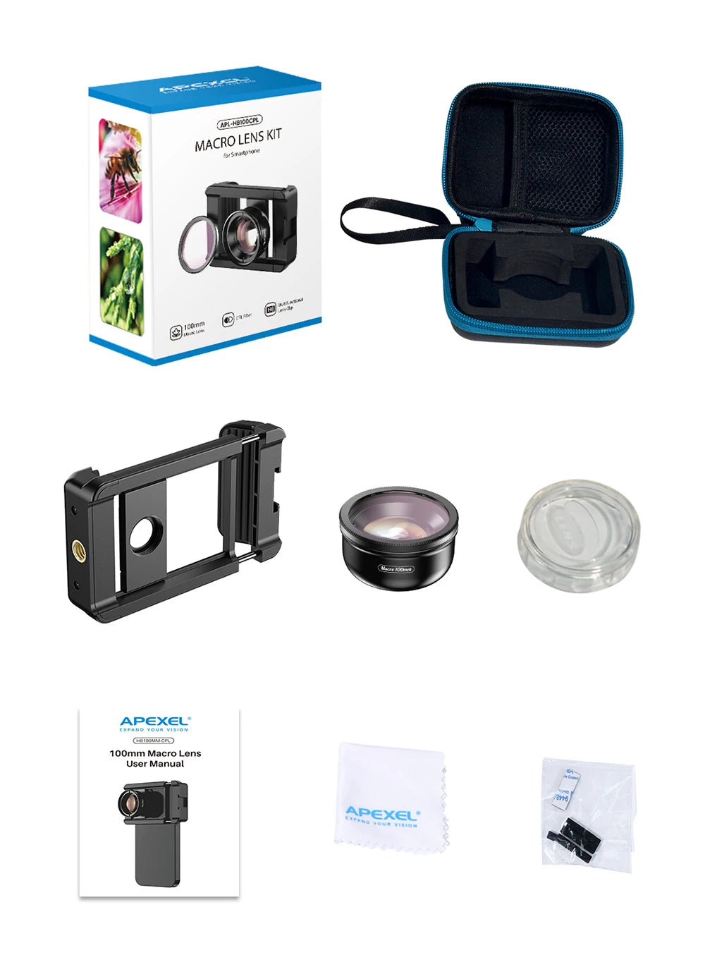 APEXEL nueva llegada 4k HD 100mm macro Micro lente con filtro CPL abrazadera multifuncional para iPhone Samsung y todos los teléfonos inteligentes