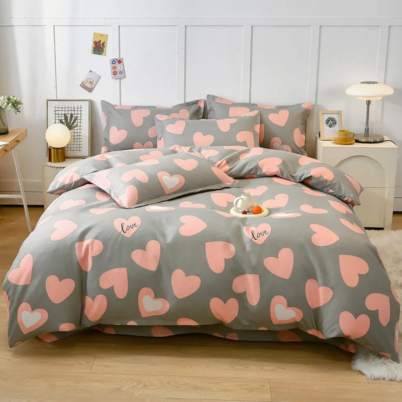 Set de ropa de cama lavable con estampado de corazones, 3/4 piezas: hoja, funda de edredón, fundas de almohada. Para camas individual, doble, extragrandes. Suave y cómodo.