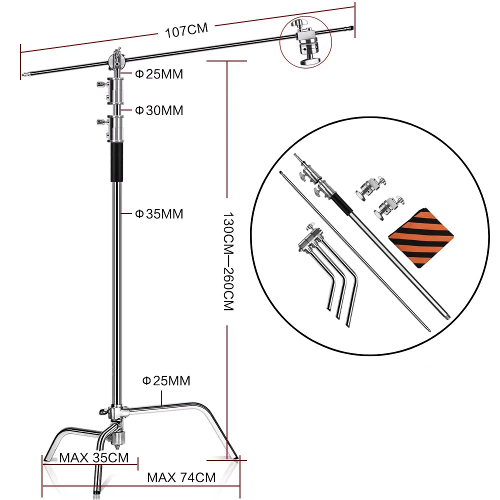 Kit de soporte C de acero inoxidable, soporte de luz con bolsa de peso, accesorios de estudio fotográfico, varilla de extensión, brazo cruzado de 2,49 M de longitud