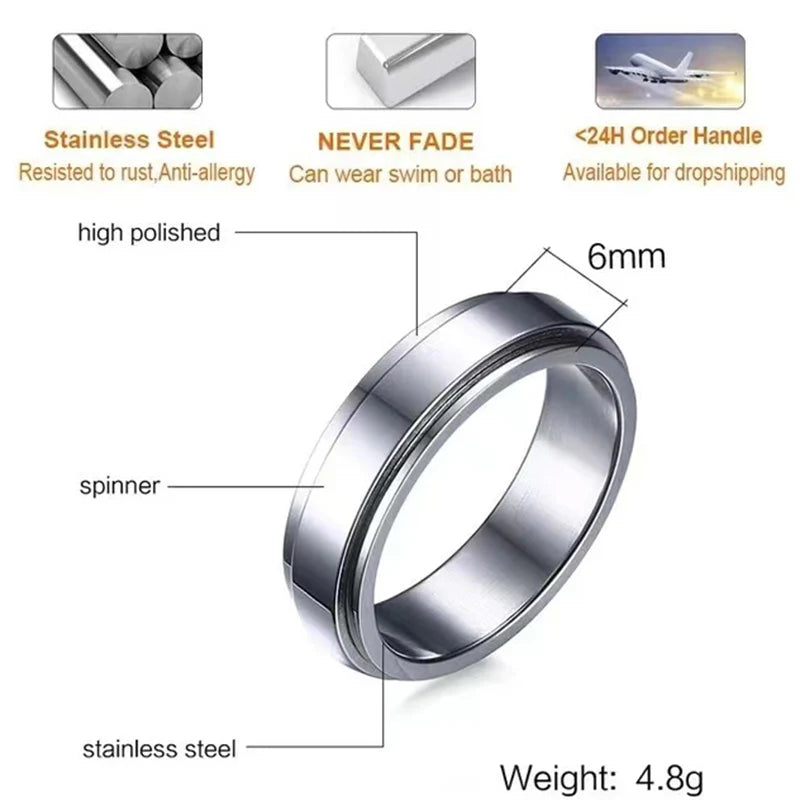 Anillo giratorio personalizado para hombres y mujeres, banda de boda giratoria de acero inoxidable de 6mm, anillo de cola masculino con inicial de fecha y nombre personalizado