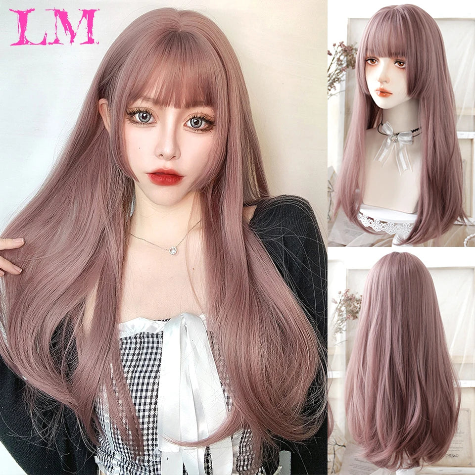 Pelucas sintéticas largas y rectas LM, color azul claro con reflejos de ceniza, peluca de Cosplay con flequillo para mujeres, pelo Natural, fibra resistente al calor