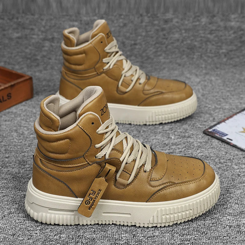 Botines de Cuero de moda, zapatillas de Skate para hombre, cómodas, antideslizantes, suela resistente al desgaste, botas de invierno, zapatos informales de calle Preppy