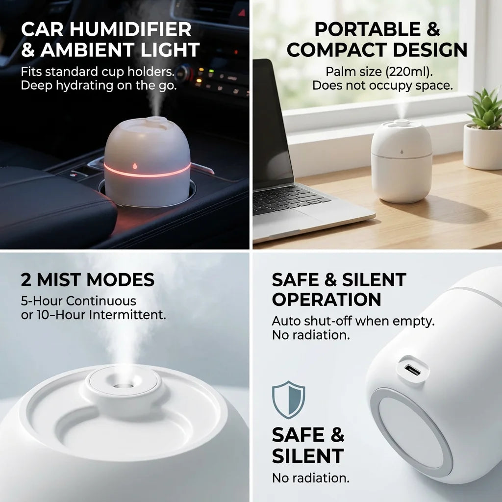 Mini Humidificador de Aire USB Portátil, Humidificador de Atomización Silencioso para Interiores, Hogar y Oficina