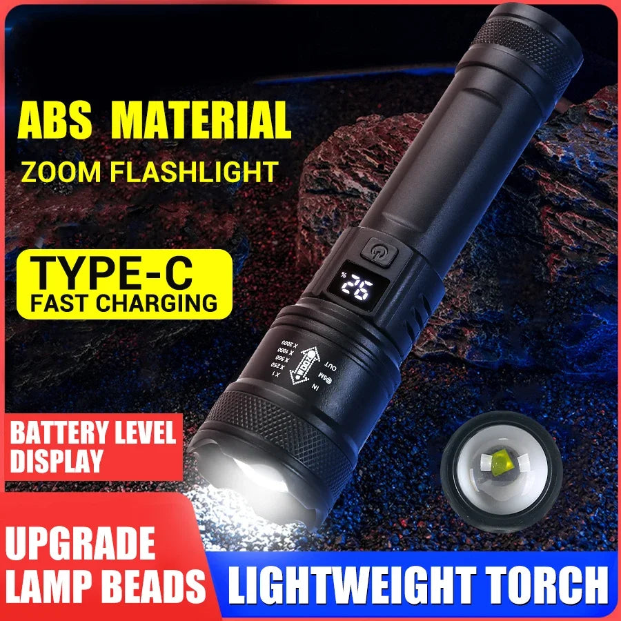 Linternas Led de alta potencia y fuerte, linterna táctica de 2000LM con luz de pantalla, carga USB, Camping, pesca, linterna con Zoom de emergencia