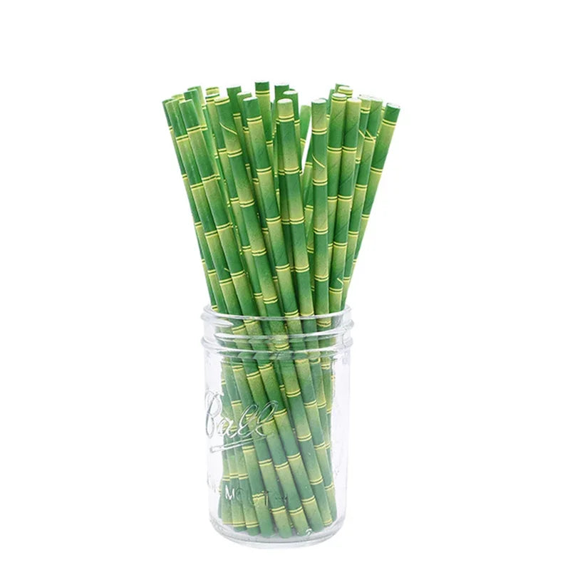 25 unids/lote pajitas de papel de bambú verde Feliz cumpleaños boda evento decorativo suministros para fiestas tropicales pajita para beber