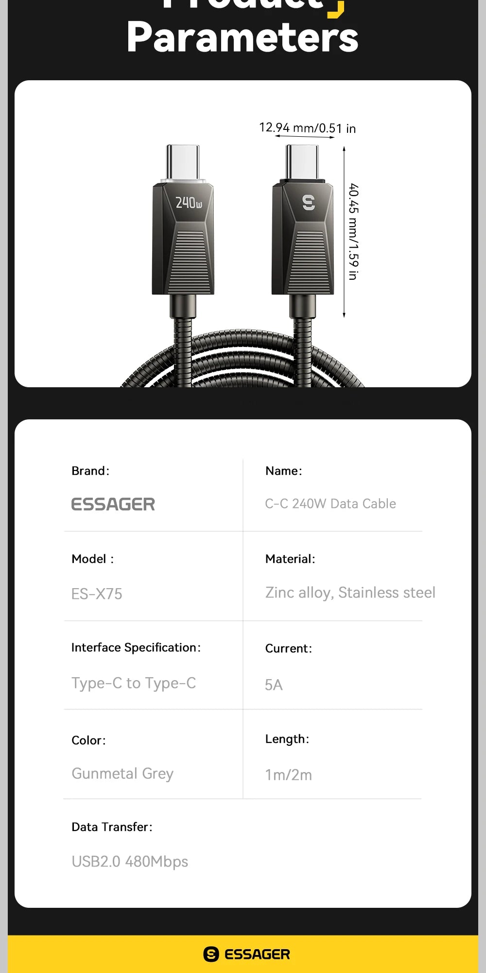 Essager-Cable tipo C de carga súper rápida de 240W, Cable de datos de acero inoxidable de carga rápida de 100W 5A para Macbook iPad iPone 16 15 Pro Max
