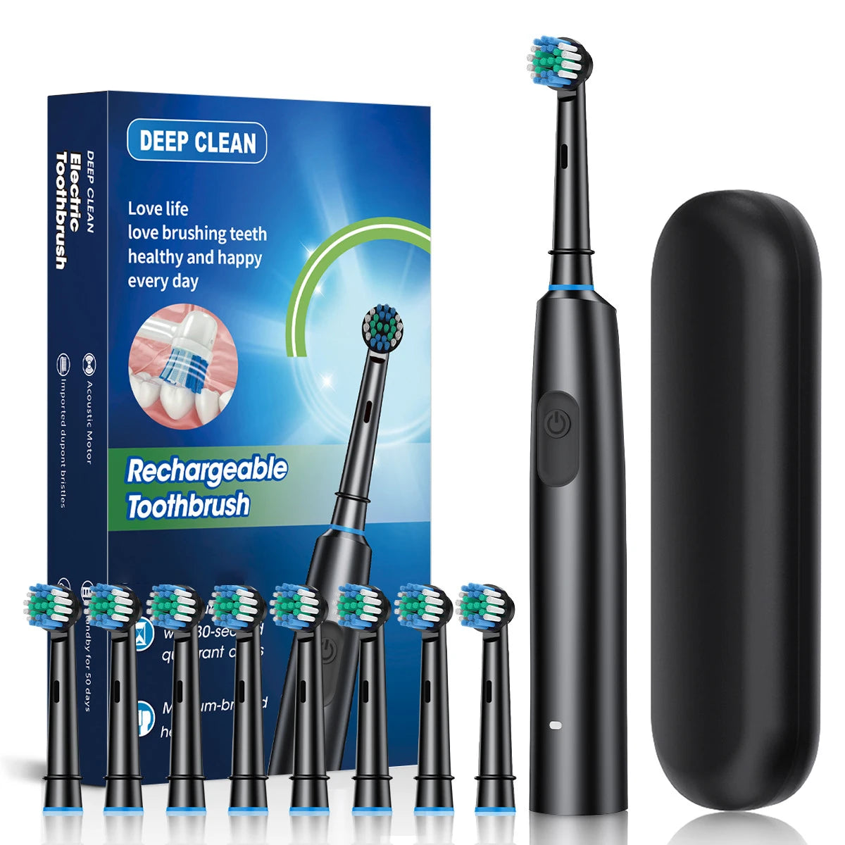 Cepillo de dientes eléctrico giratorio para limpieza profunda y blanqueamiento de dientes para adultos, cepillo de dientes recargable con cabezales de repuesto de 4/8 piezas