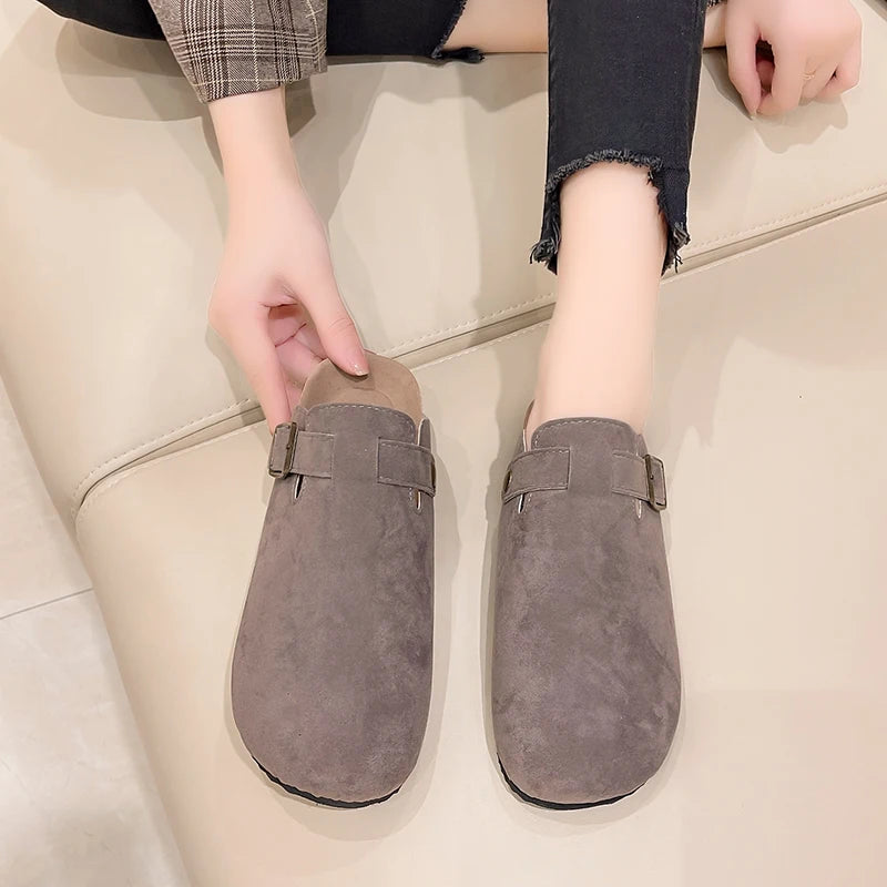 Sandalias de medio arrastre, zuecos para mujer, zapatillas de gamuza de corcho a la moda, zapatillas clásicas antideslizantes de corcho para exteriores con arco