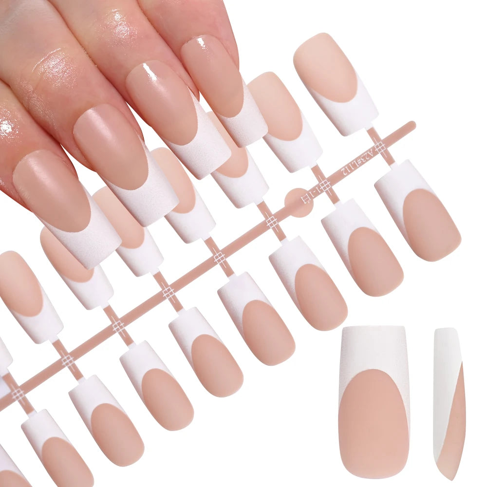 120 Uñas Acrílicas Francesas Cuadradas Medianas y Largas, Uñas Postizas Francesas de Cobertura Completa para Mujer, Uñas Postizas de Diferentes Tamaños