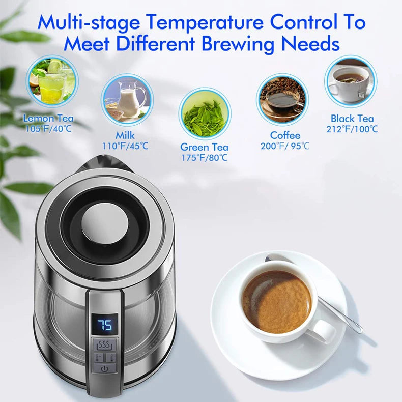 Hervidor eléctrico termostático inteligente de vidrio, termostato automático de capacidad de 1,8 l, adecuado para el hogar, la oficina y el hotel