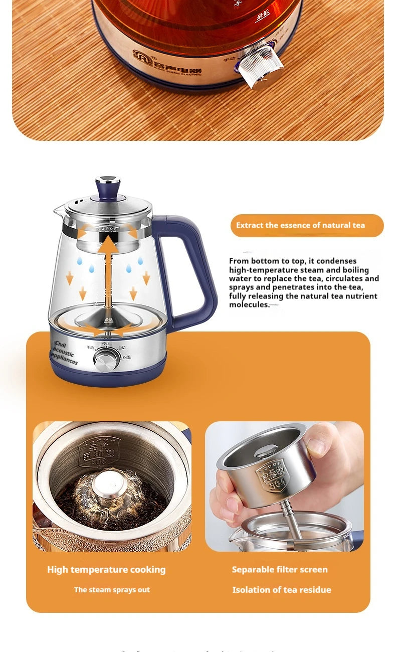 Tetera Rongsheng, pequeña tetera negra Pu erh, olla de salud de vidrio de vapor automática, tetera aislada, tetera eléctrica, tetera hirviendo