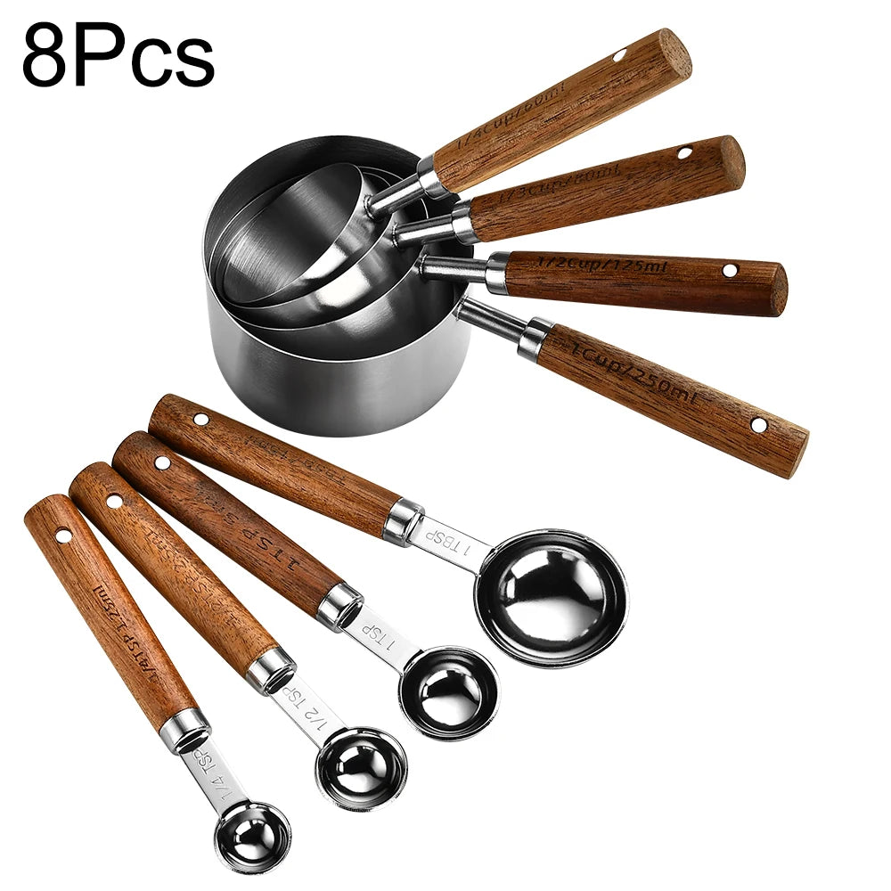 Mango de madera dorado, tazas medidoras de acero inoxidable, cucharas, herramientas para hornear, juego de cucharas medidoras de café, accesorios de báscula para barman