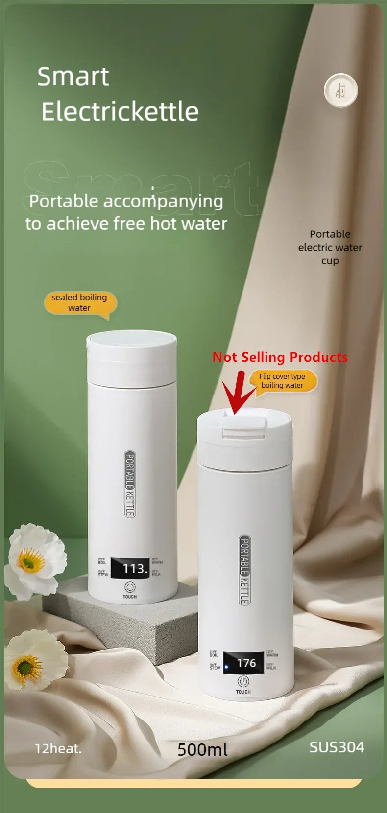 JFBONIN-hervidores eléctricos portátiles para té y café, hervidor de agua para hervir, taza térmica, botella de agua antiescaldaduras, menú en inglés
