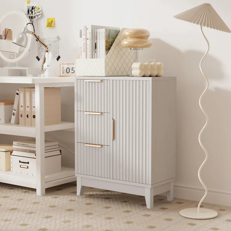Organizador lateral de madera con 3 cajones y una puerta, con patas elevadas, para almacenamiento en el suelo, ideal para baño, ducha, dormitorio o armario del hogar.