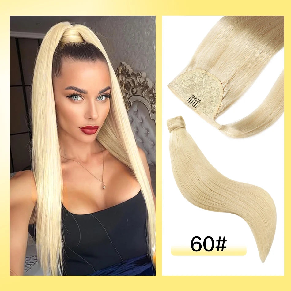 Cola de Caballo de cabello humano Yelo, Clip envolvente en pieza de cabello, extensión de cola de caballo, cabello humano liso con pasta mágica