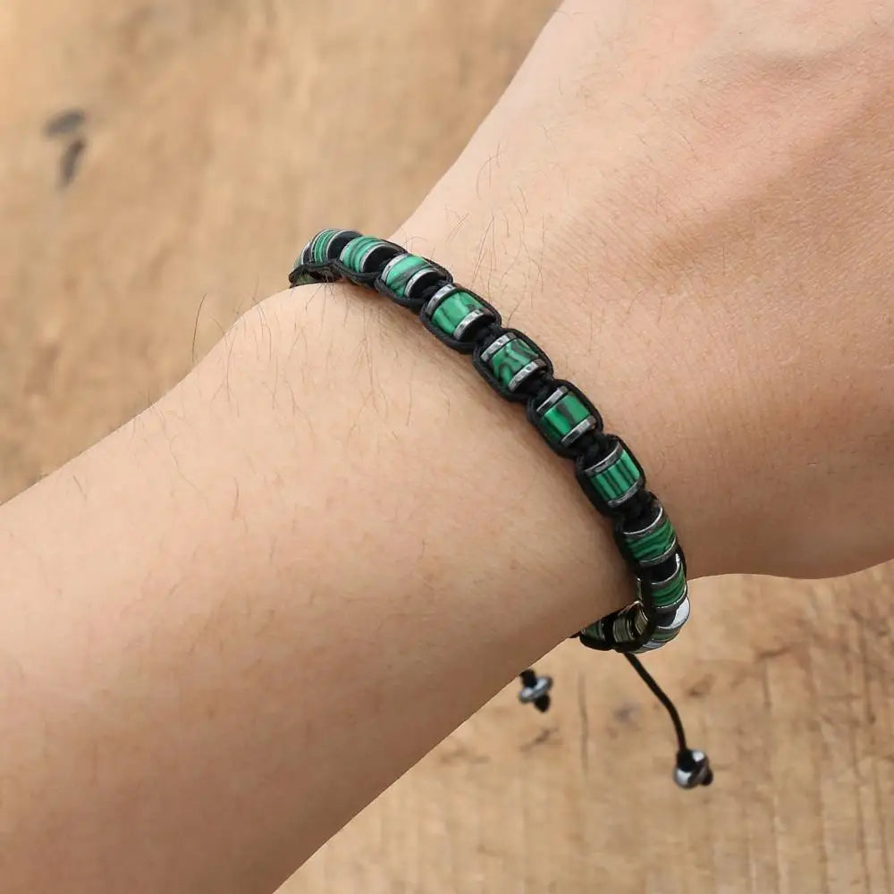 Pulsera trenzada de cuentas de hematita de malaquita de 3x6mm, pulsera tejida hecha a mano con abalorio de Yoga bohemio, joyería de moda para hombres y mujeres