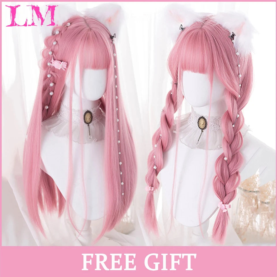 LM Rubio sintético Ombre mezclado rosa Rubio largo ondulado pelucas con flequillo Cosplay fiesta uso fibra resistente al calor para mujeres
