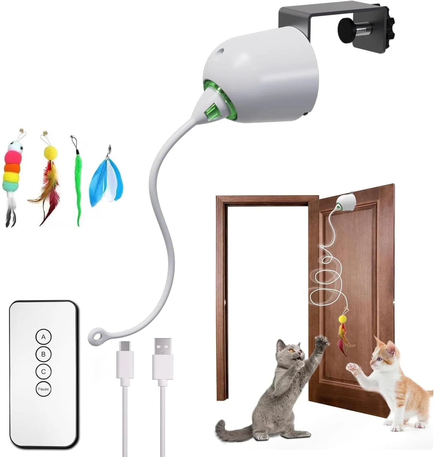 Juguetes para gatos, juguetes interactivos de plumas para interiores, cuerda retráctil automática recargable para colgar en la puerta para gatos