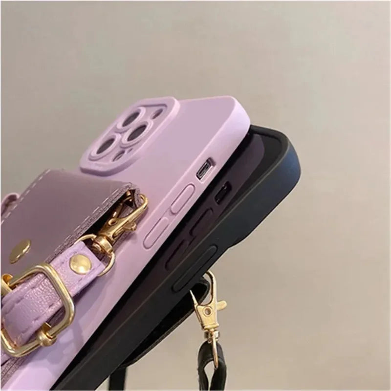 Funda de Lujo para Teléfono con Correa para el Cuello, Tipo Cartera de Cuero, para iPhone 16 Pro 14 11 12 13 15 17 Pro Max Plus, con Ranuras para Tarjetas