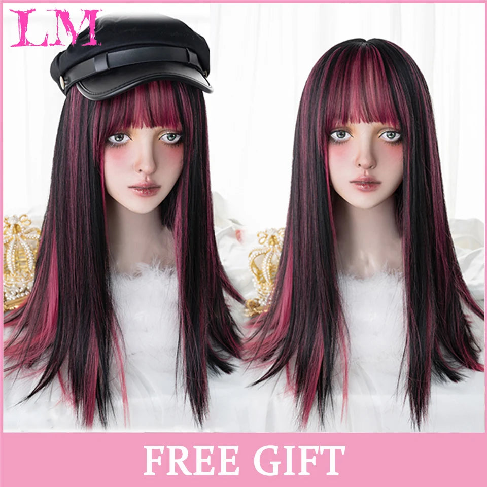 LM Rubio sintético Ombre mezclado rosa Rubio largo ondulado pelucas con flequillo Cosplay fiesta uso fibra resistente al calor para mujeres