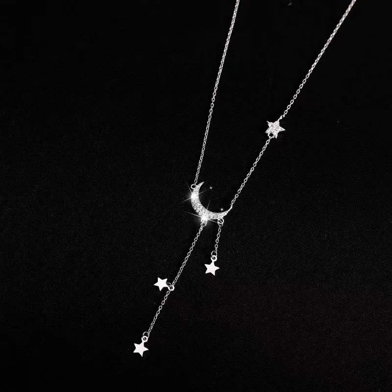 Collar con borlas de Luna y estrella de Color plateado para mujer, cadena de clavícula de cristal exquisita, joyería, regalo de cumpleaños 2026