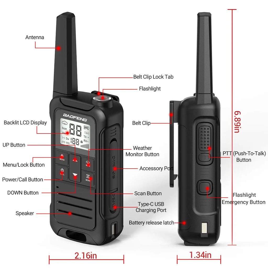 2PCS Baofeng F22 PMR 446MHz Mini Walkie Talkie Impermeable Tipo-C Sin Licencia NOAA Linterna Radio Bidireccional Portátil para Caza