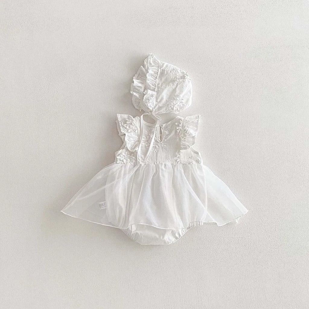 Conjunto de Ropa para Bebé Niña de 0 a 2 Años, 2026, Body Blanco con Estampado Floral Tridimensional y Gorro, 2 Piezas