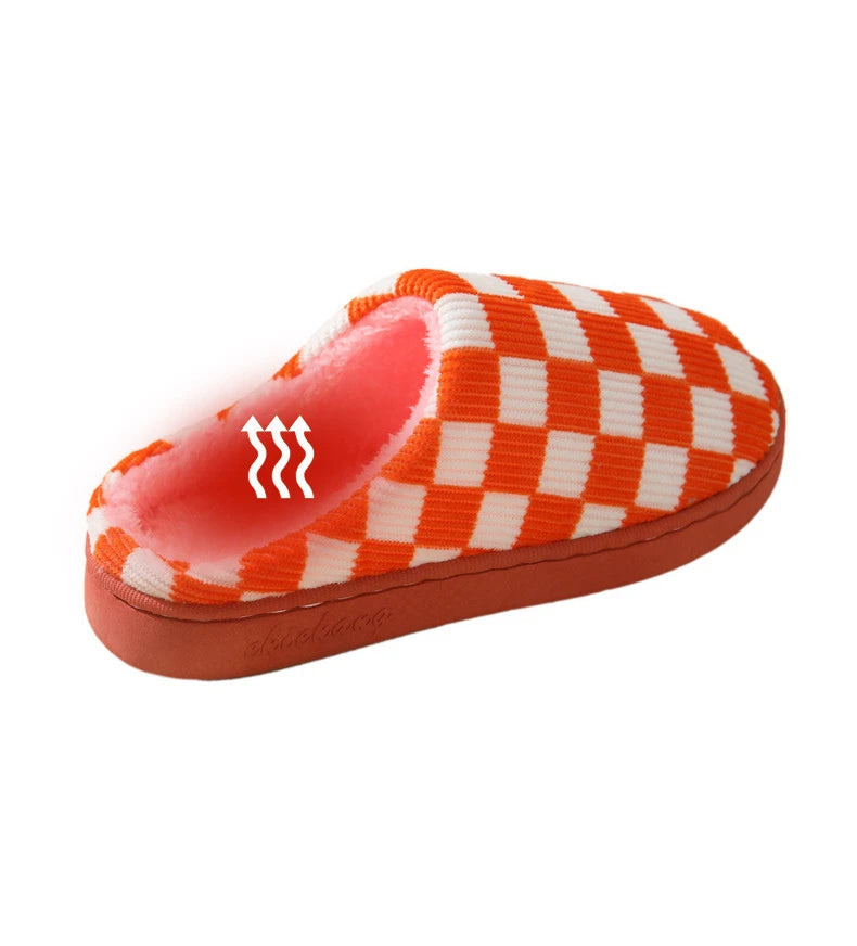 Zapatilla a cuadros para mujer, invierno cálido, hogar, dibujos animados Kawaii, Contton de felpa, interior, divertido, lindo, peludo, zapatos de suelo para casa, tablero de ajedrez femenino