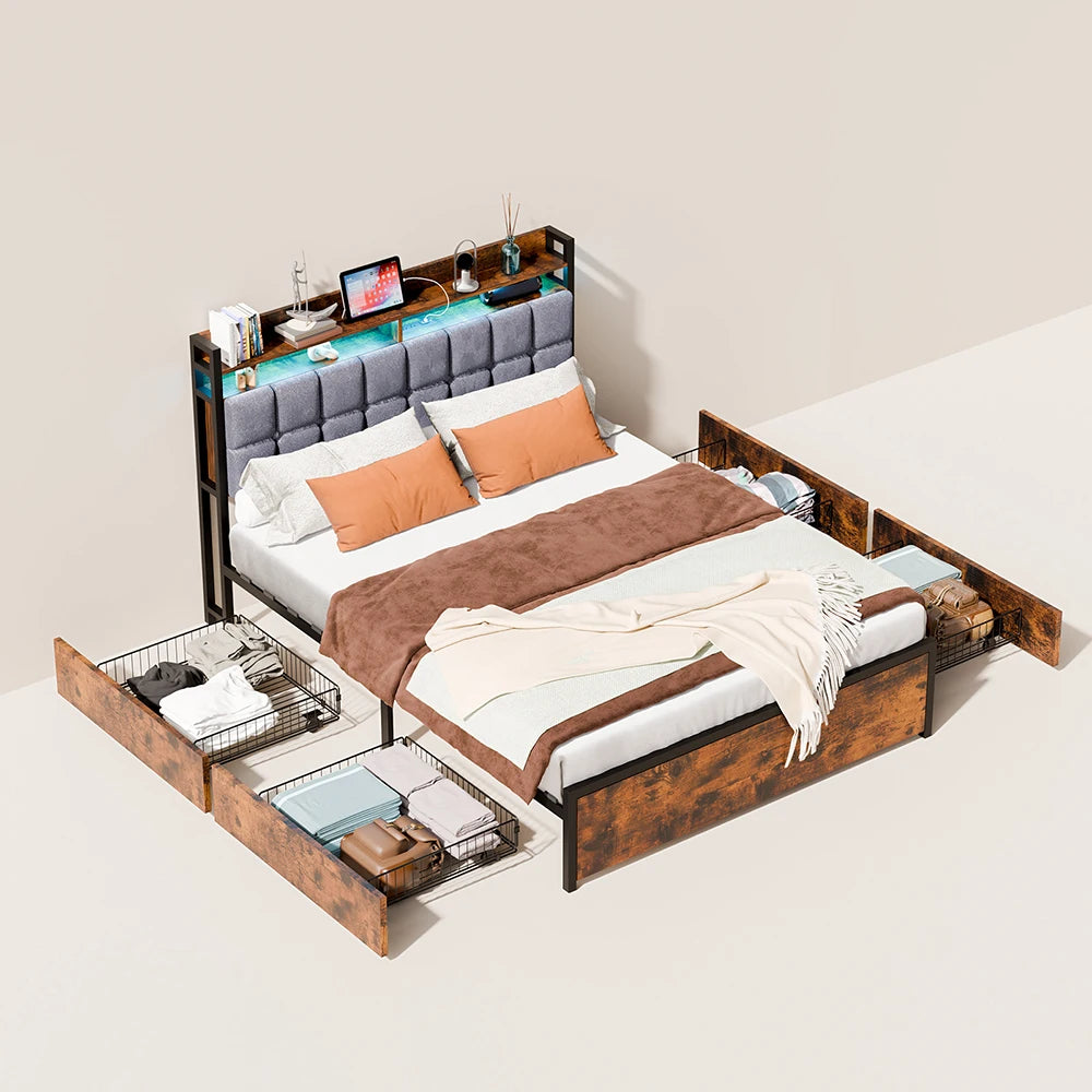 Base de Cama Matrimonial con 4 Cajones de Almacenamiento, Luz LED, Plataforma de Madera, Cabecera Tapizada en Terciopelo, Estación de Carga, No Requiere Somier