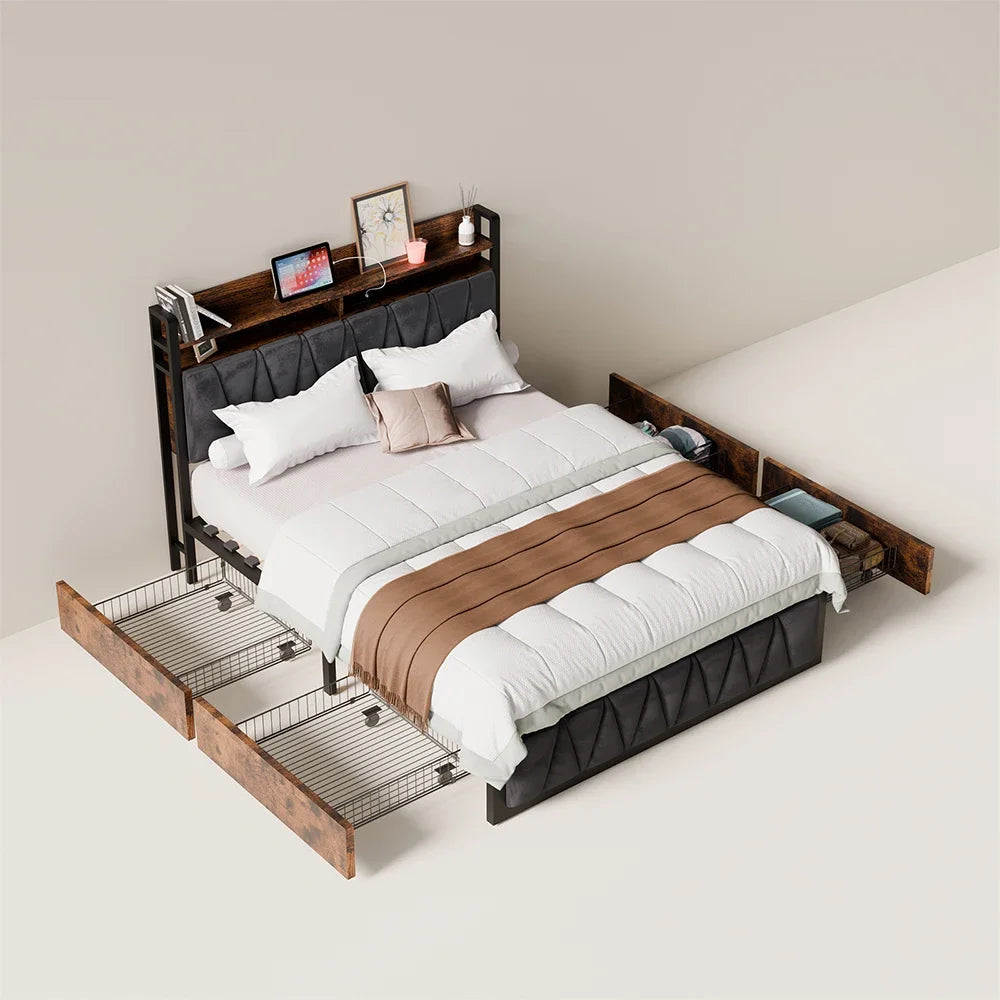 Plataforma de marco de cama, Bases de cama de madera laterales modernas, cajones, gabinetes, soporte de listones, cabecera, colchón de tamaño completo, base para camas