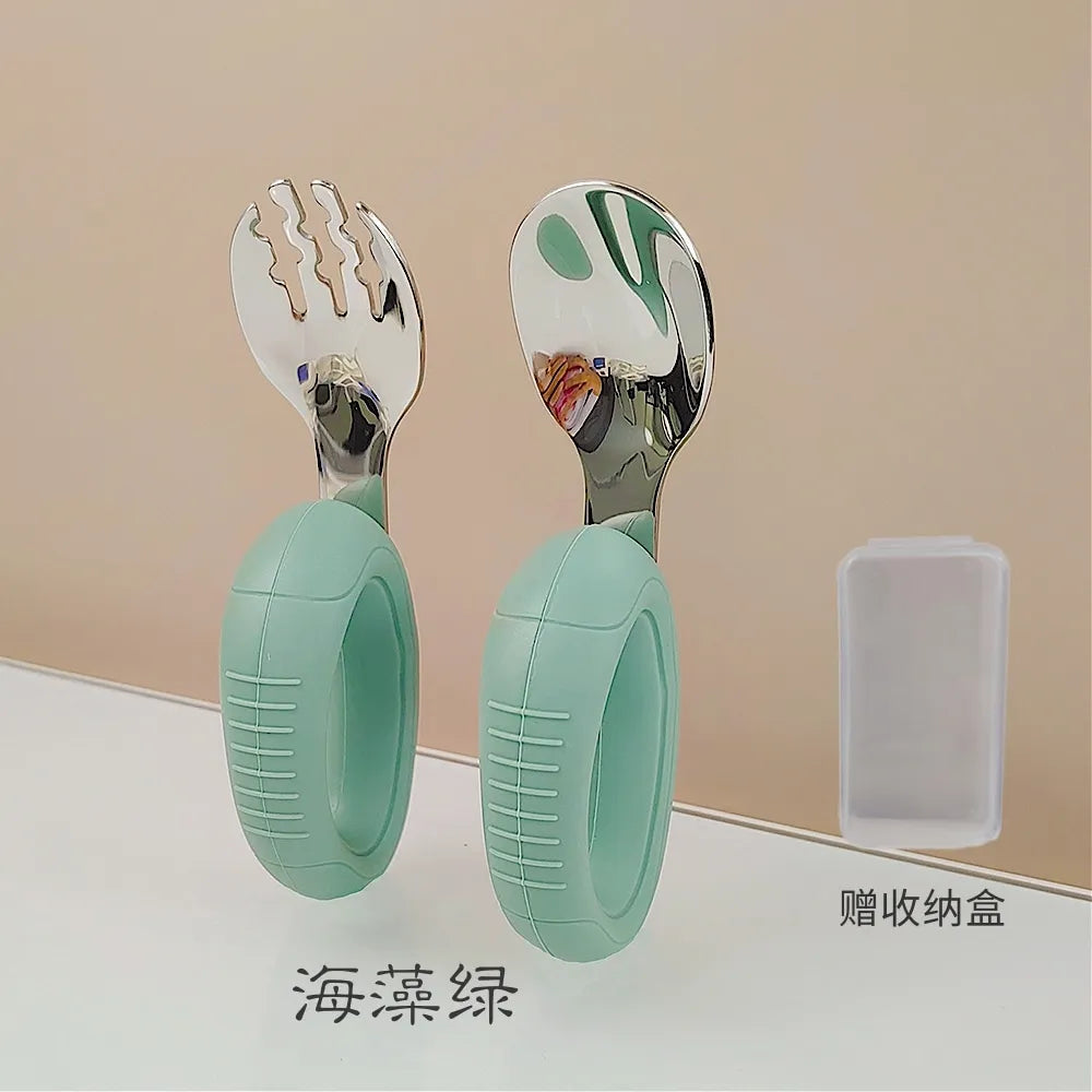 Nuevo Juego de Tenedores y Cucharas de Acero Inoxidable para Bebés, con Mango Corto Fácil de Agarrar y Puntas de Silicona para que los Niños Pequeños Aprendan a Masticar