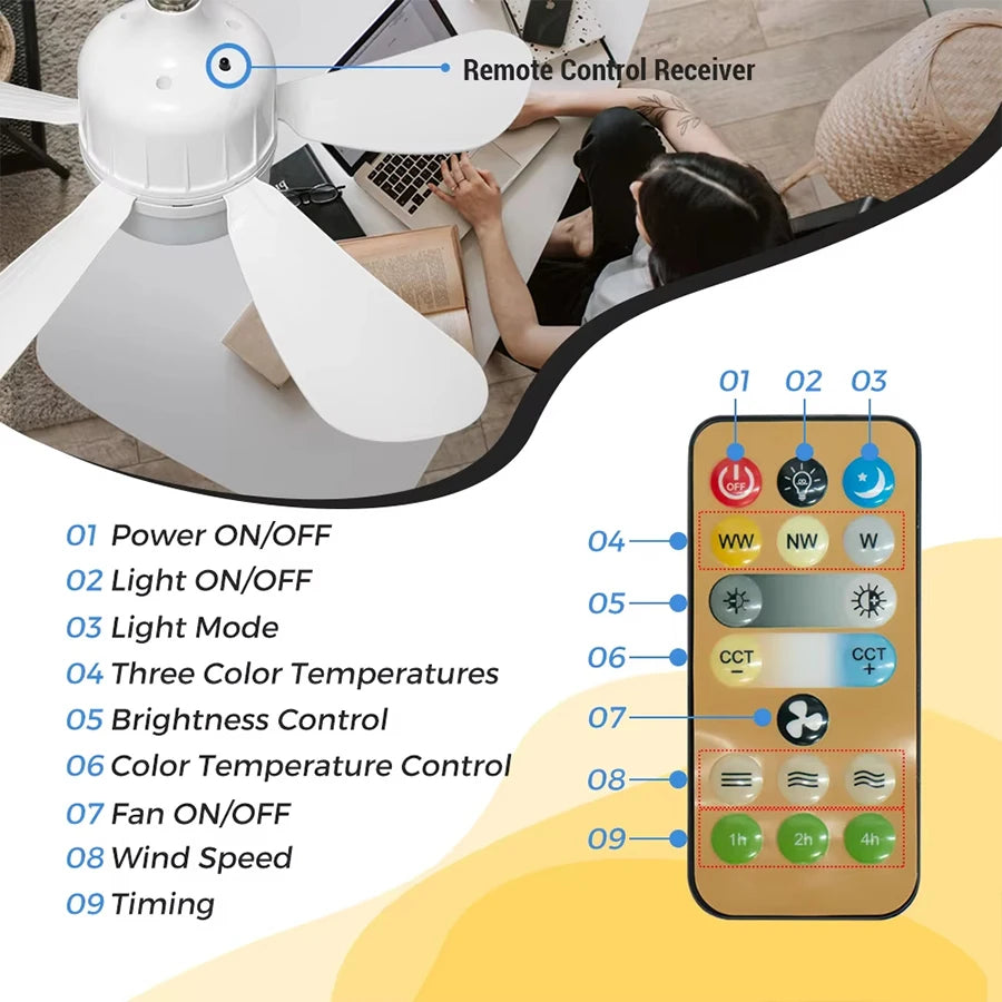Ventilador de techo inteligente E27 con control remoto y luz LED - Enchufe multifuncional, ventilación ajustable, diseño simple, fácil instalación, ideal para toda la familia, perfecto para baños