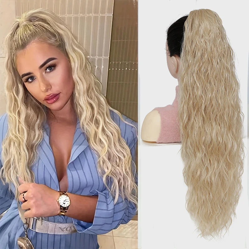 Extensión de cabello de cola de caballo ondulada y rizada larga para mujer, postizos de cola de caballo con cordón, cola de caballo falsa sintética, negro, Rubio y rojo