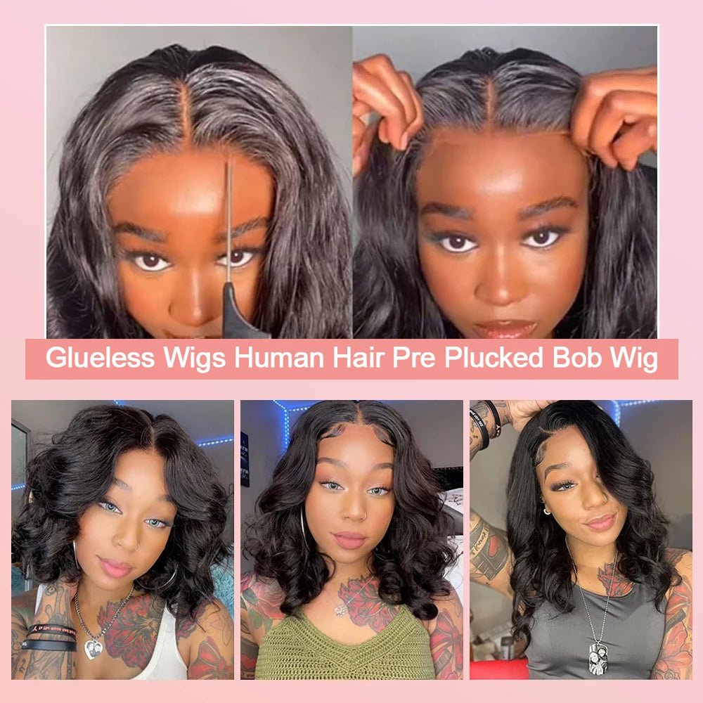 250% Bob corto sin pegamento Wear And Go pelucas de cabello humano ondulado listo para ir precortado 13x6 HD peluca Frontal de encaje cabello humano para mujeres