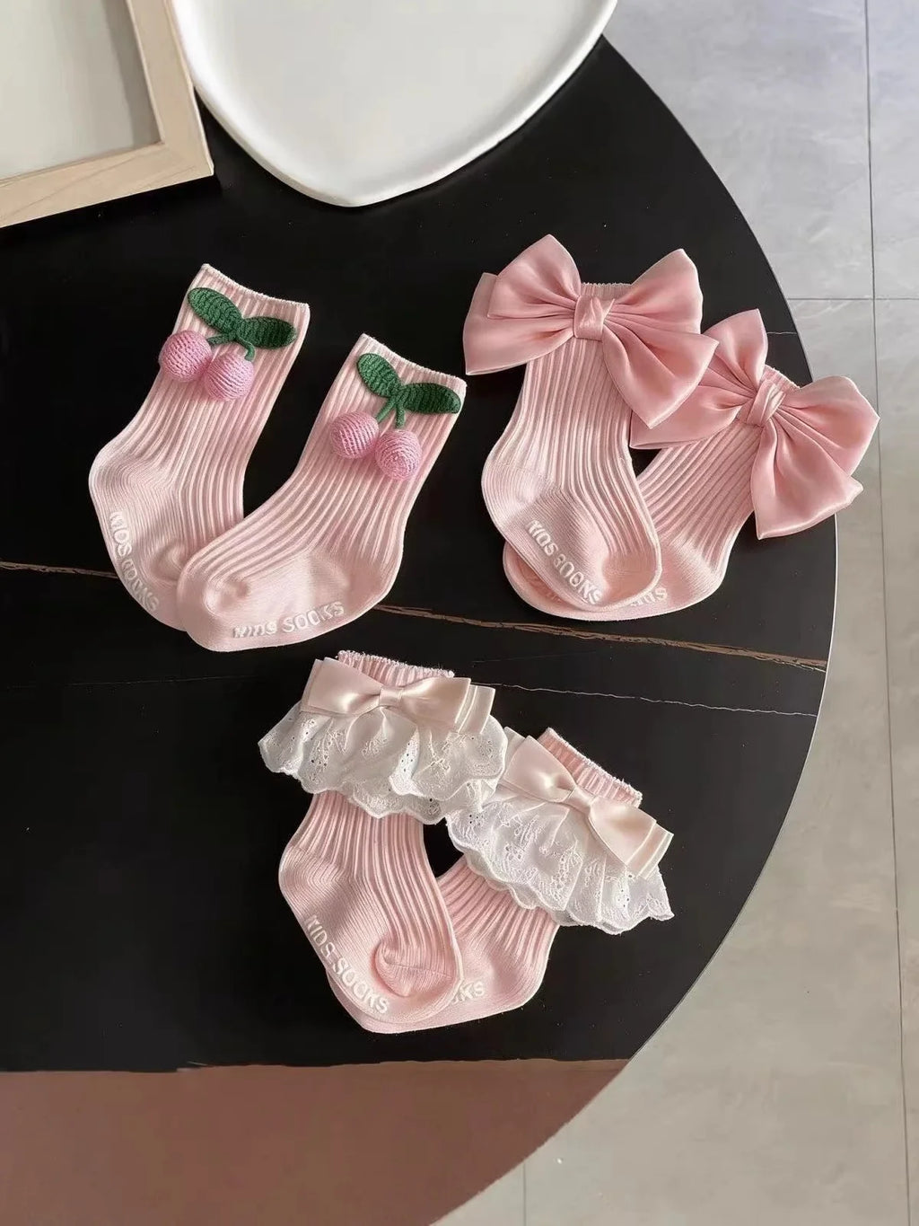Calcetines rosas para niñas pequeñas, calcetines de algodón con lazo grande y encaje de cereza, calcetines de pantorrilla para niños, calcetines bonitos de princesa para niños de 1 a 5 años