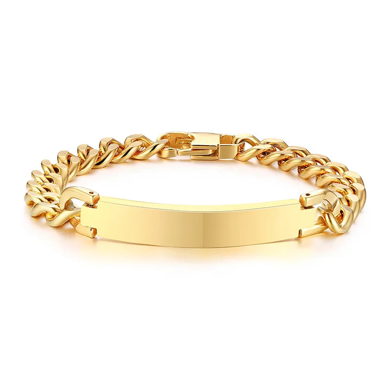 Pulsera de acero inoxidable con identificación de cadena para hombre, brazalete personalizado de Color plateado, barra personalizada con nombres, iniciales, fecha, joyería masculina