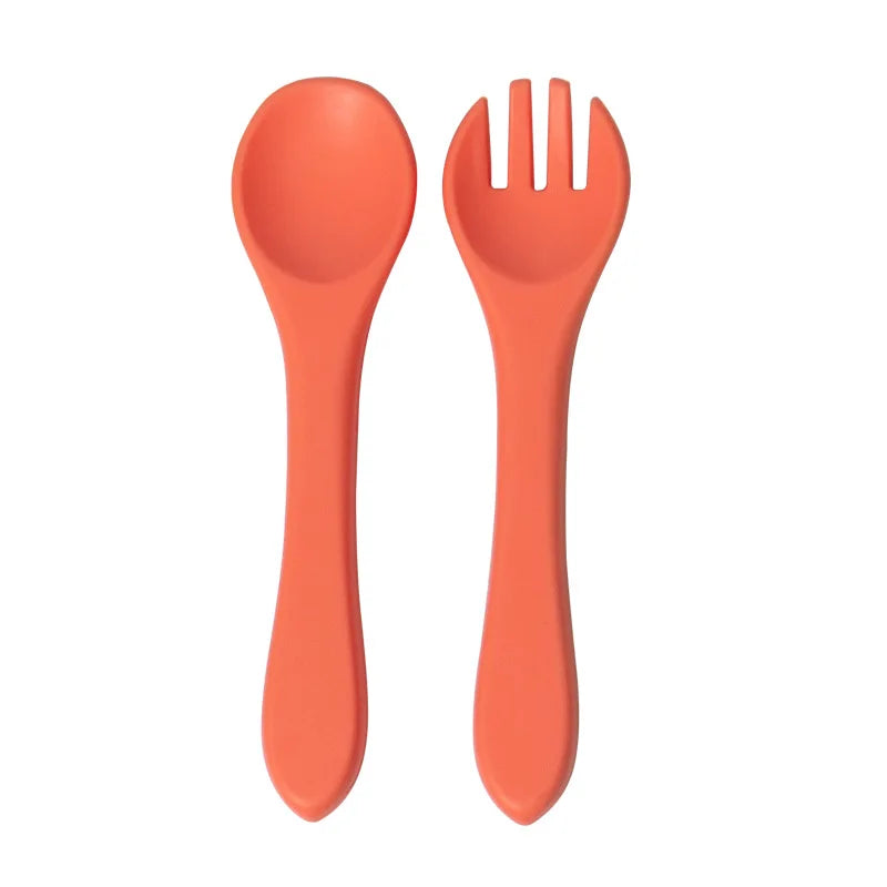 Juego de Cuchara y Tenedor de Silicona de Grado Alimenticio para Bebés, Utensilios de Alimentación para Niños Pequeños con Mango Largo y Cabeza Suave para Alimentos Infantiles