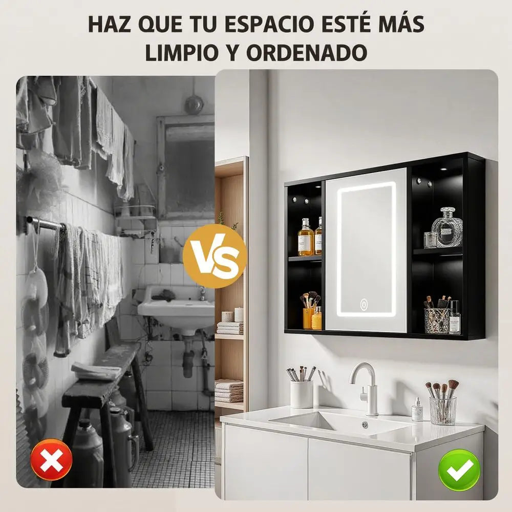 Espejo para Baño con Gabinete y Luz LED, Botiquín con Espejo, Gabinete para Baño, 3 Temperaturas de Color, 40.5x60.5cm, 6 Com