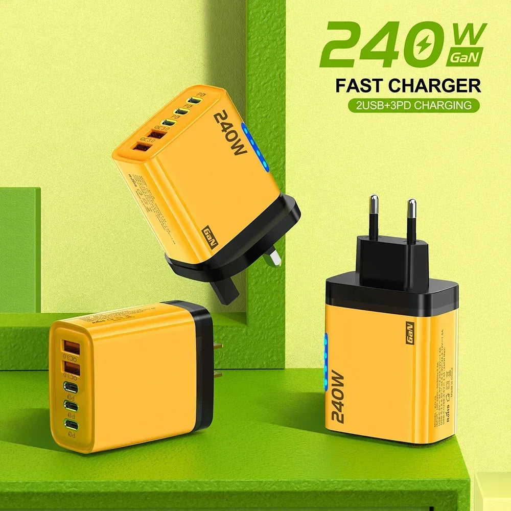 Cargador USB C GaN 5 en 1 de 240W, adaptador de carga rápida para teléfono, PD QC3.0, enchufe europeo/estadounidense/británico, cargador de pared para iPhone, Samsung, Xiaomi
